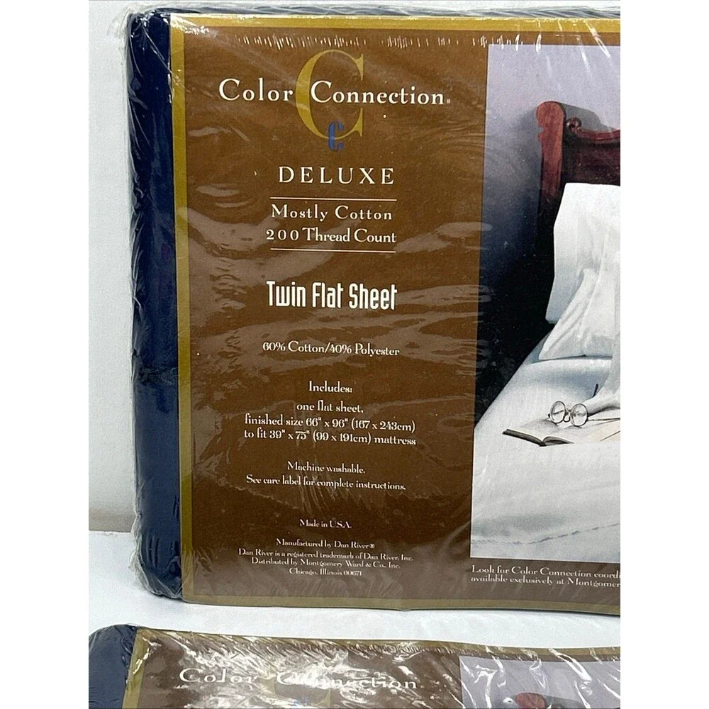 Color Connections Twin Flat Sheet Set Blue Dan River NOS